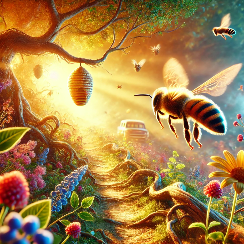 A bee navigating to a golden hive.