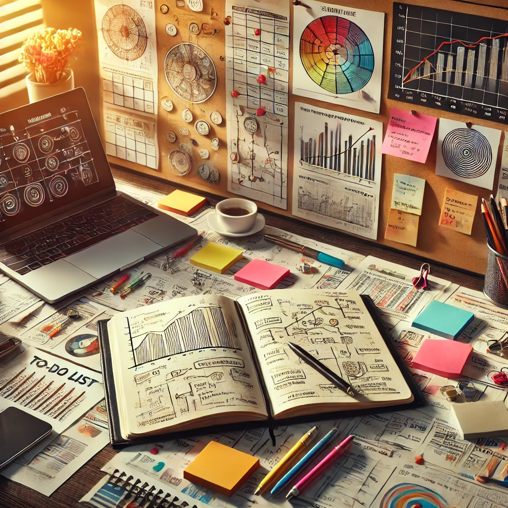 A desk completely stuffed with paper, plans, organisations.