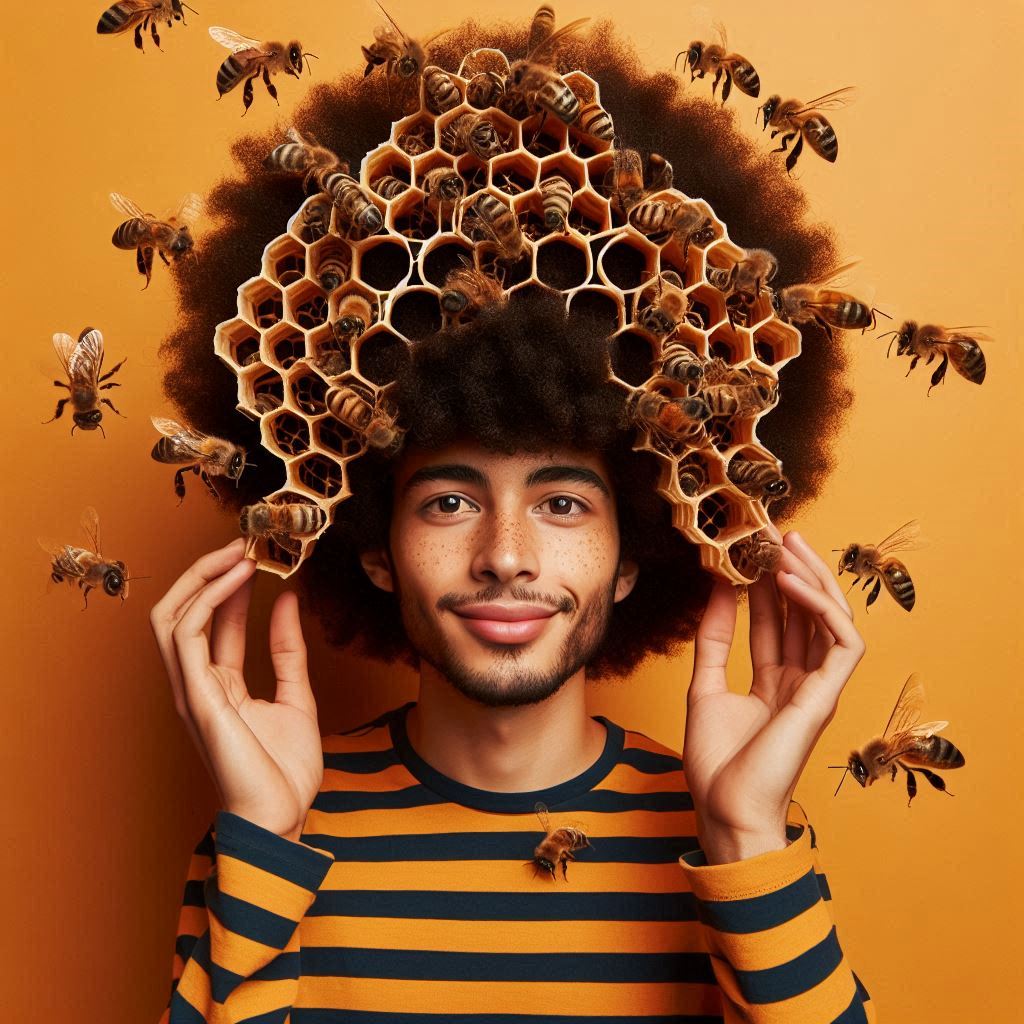 A man with an afro. Inside the afro there's a beehive, bees are buzzing around him.